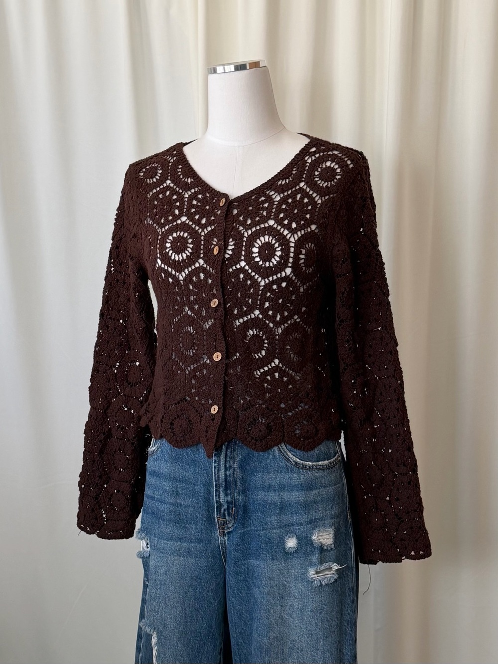 Brown Crochet Knit Cardigan Top Size Medium Long Sleeve Button Up Boho. - Picture 5 of 11